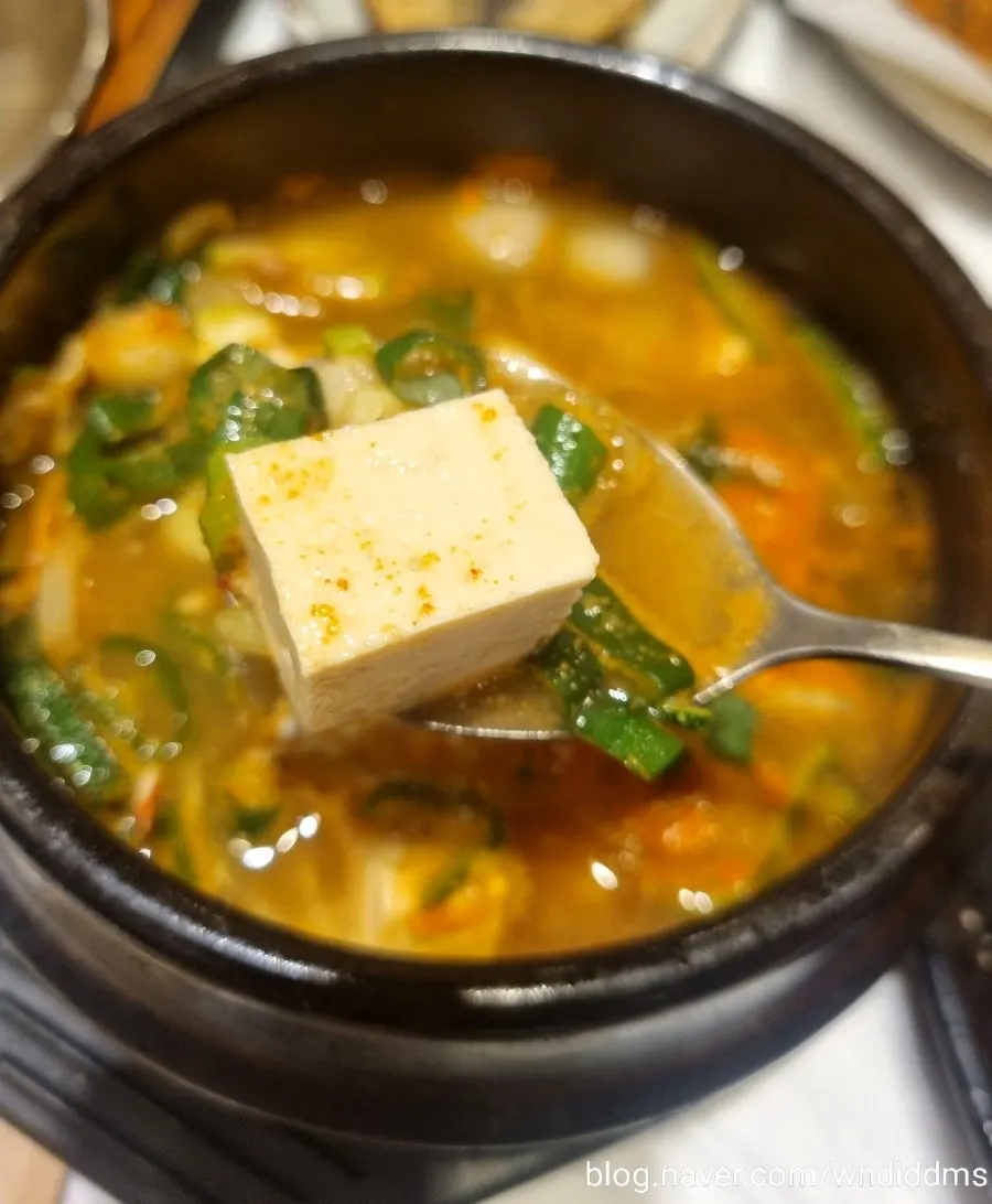 Bubbling doenjang stew loaded with tofu