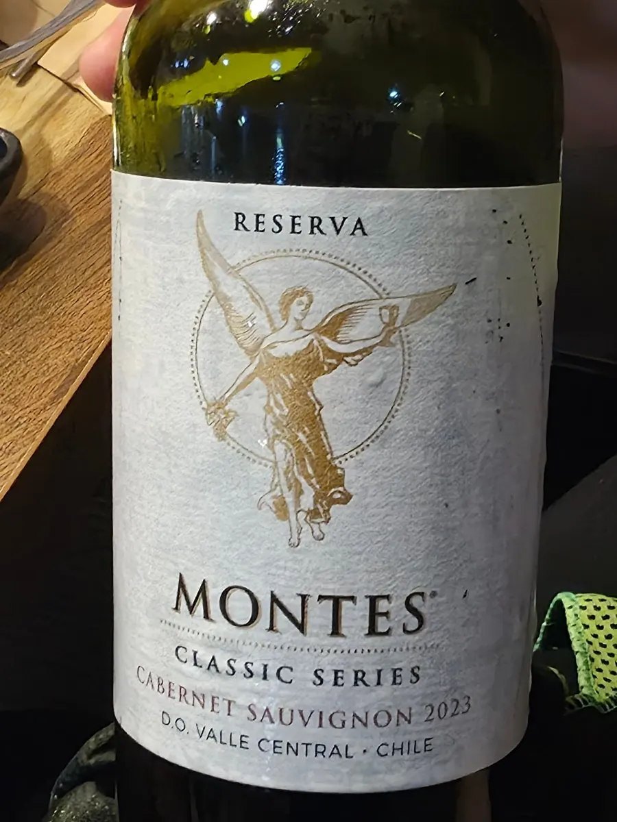 A bottle of Chilean Montes Cabernet Sauvignon brought for corkage