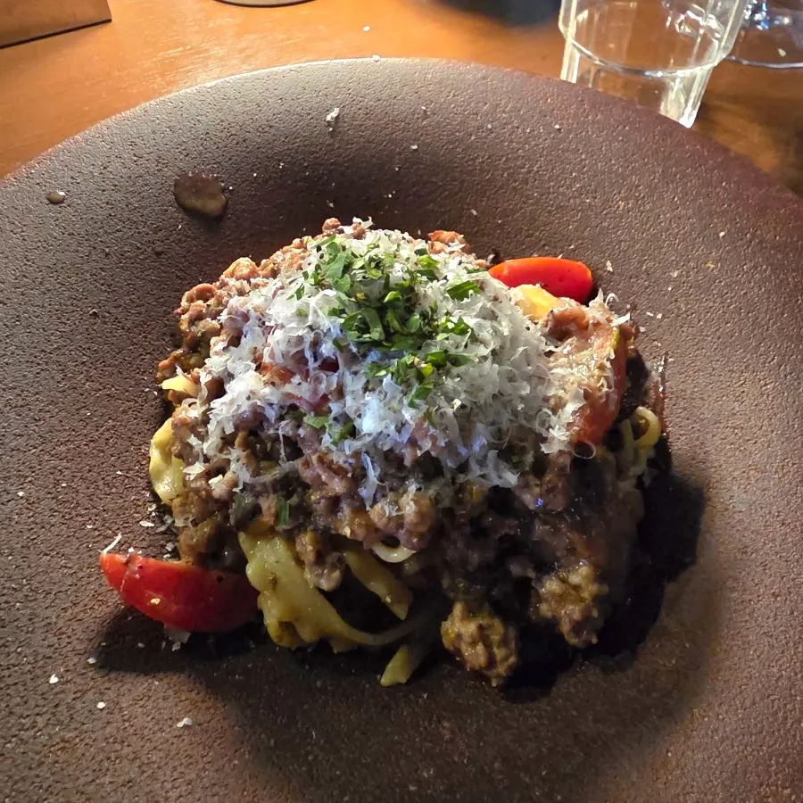 Beef shank white ragu pasta made with tarifoline noodles