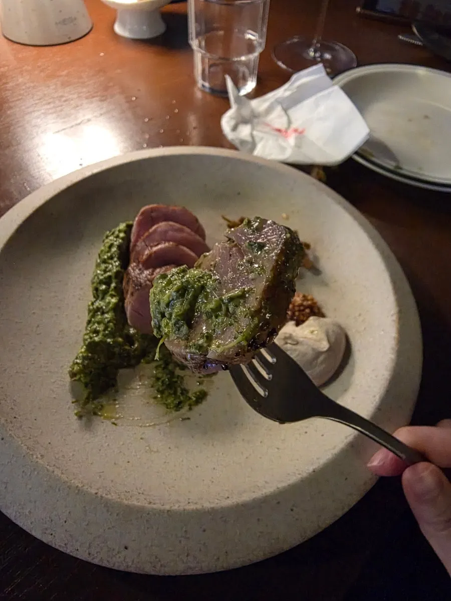 Pork tenderloin with herb pesto and cauliflower sauce