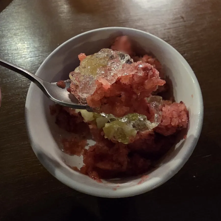 Close-up of plum sorbet topped with Shine Muscat jelly