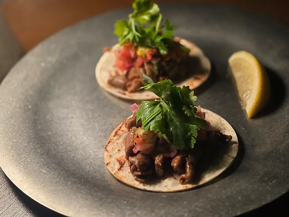 Meat and cilantro piled on a tortilla