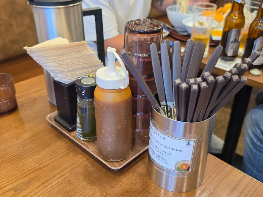 Table setting with kelp vinegar and tonkatsu sauce