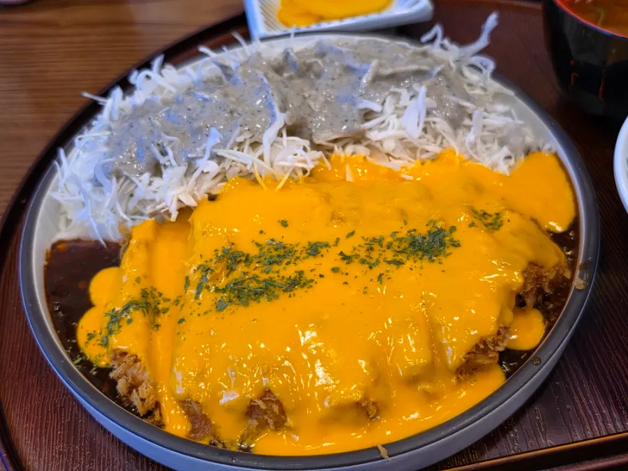 Spicy cheddar tonkatsu topped with cheddar cheese and spicy sauce