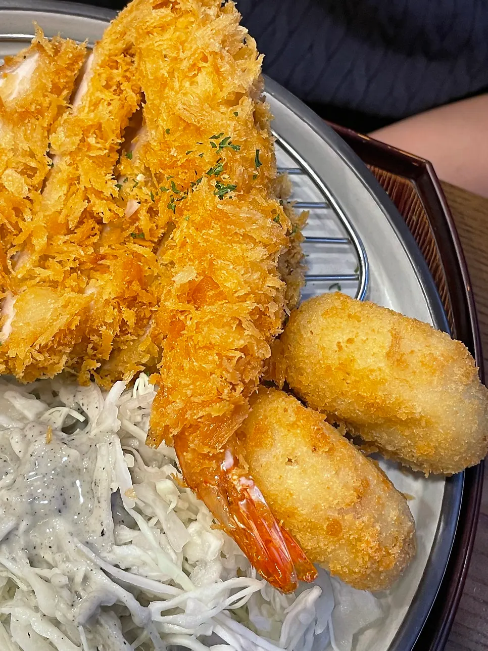 Mixed katsu set with truffle salt, wasabi, and chili paste