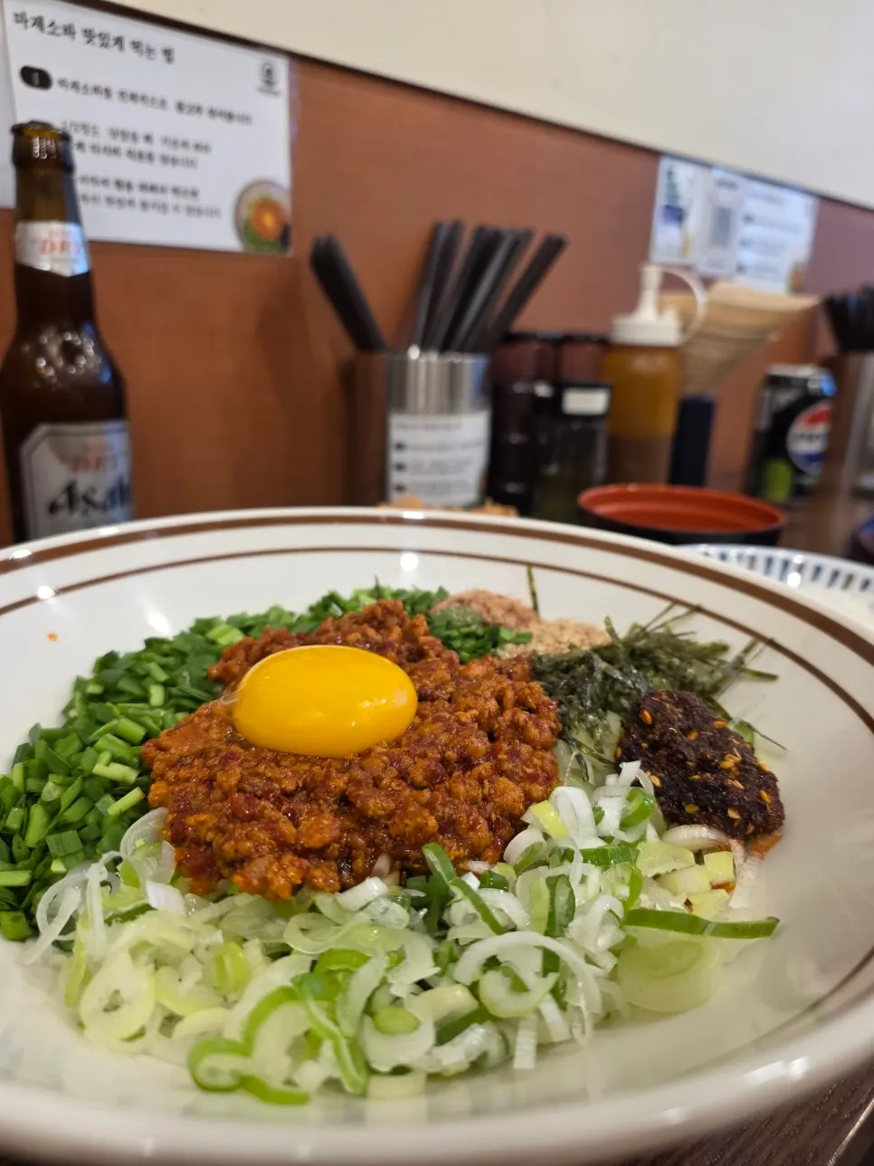 Full spread of the spicy cheddar tonkatsu meal