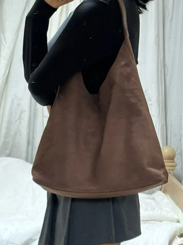 Meda Bag camel suede shoulder bag worn on the shoulder