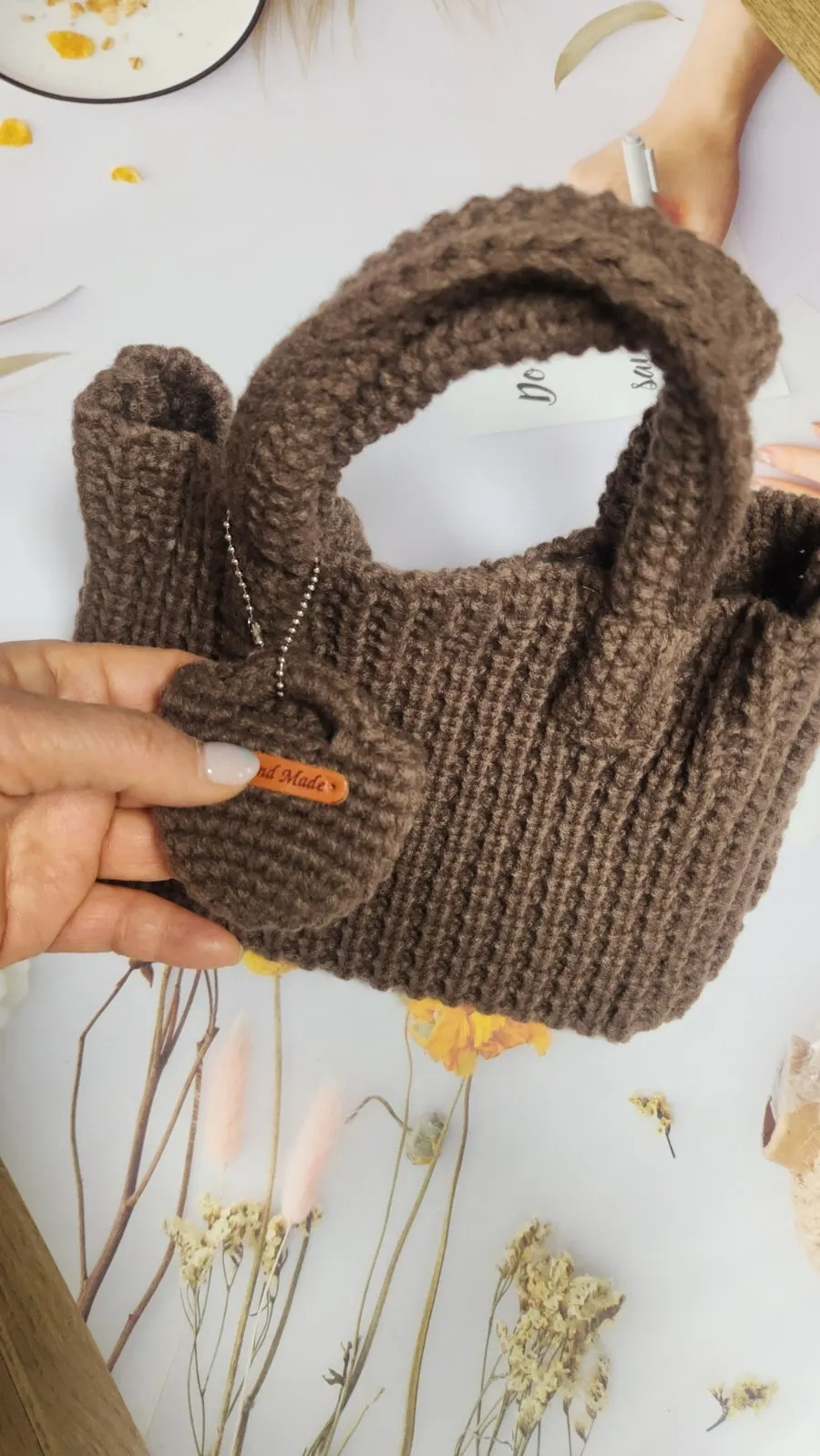 Knit tote bag styled with an outfit