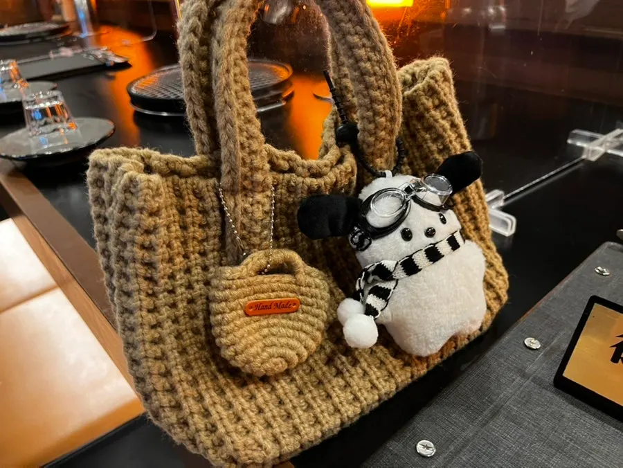 Brown knit mini tote bag