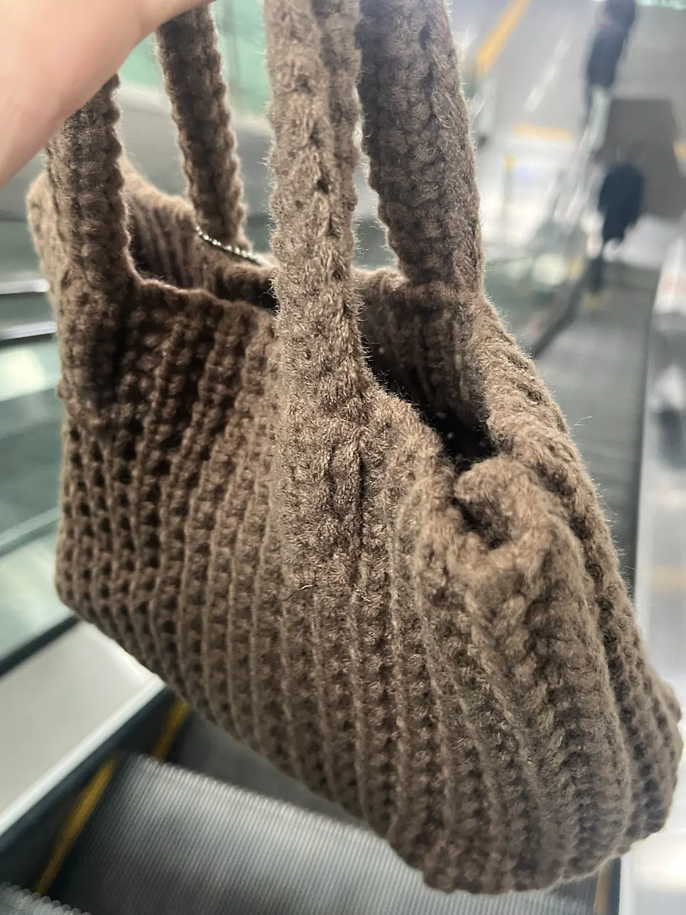 Brown mini knit tote bag with knit handles