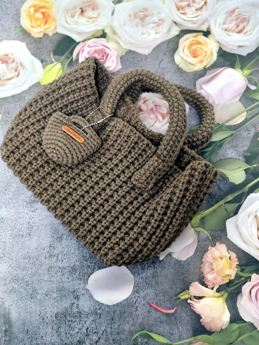 Knit mini tote bag used for fall and winter outings