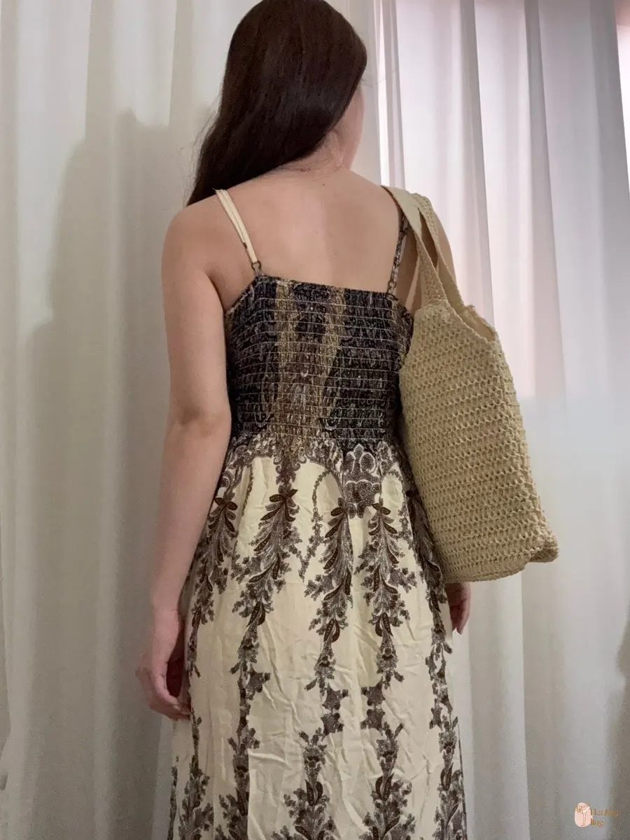 Rattan bag styled with a locally bought dress
