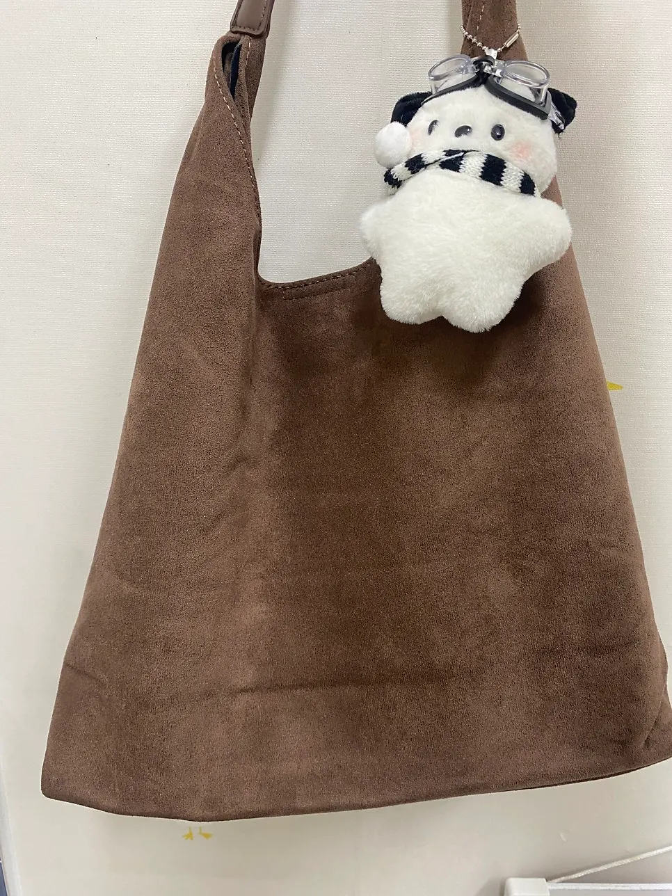Camel Meda Bag with a soft suede texture