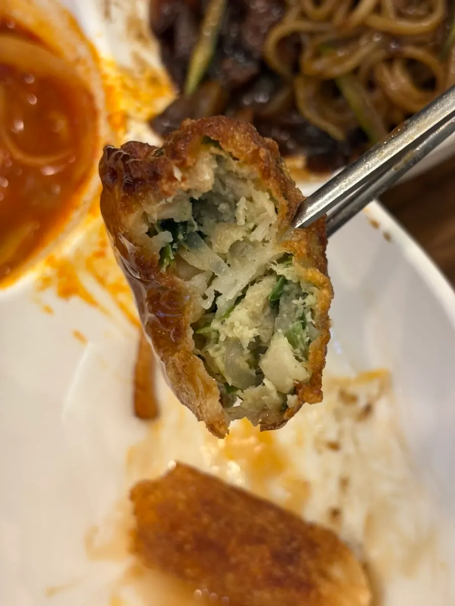 Cross-section of a dumpling packed full of filling