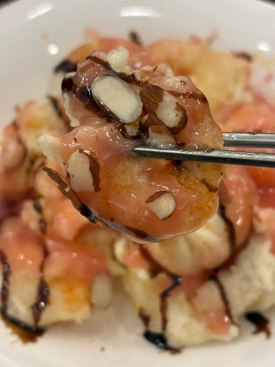 Half order of grapefruit cream shrimp with pink sauce