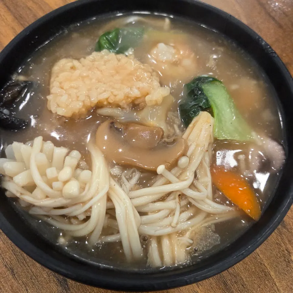 1-person seafood nurungji soup with shrimp, mushrooms, and bok choy