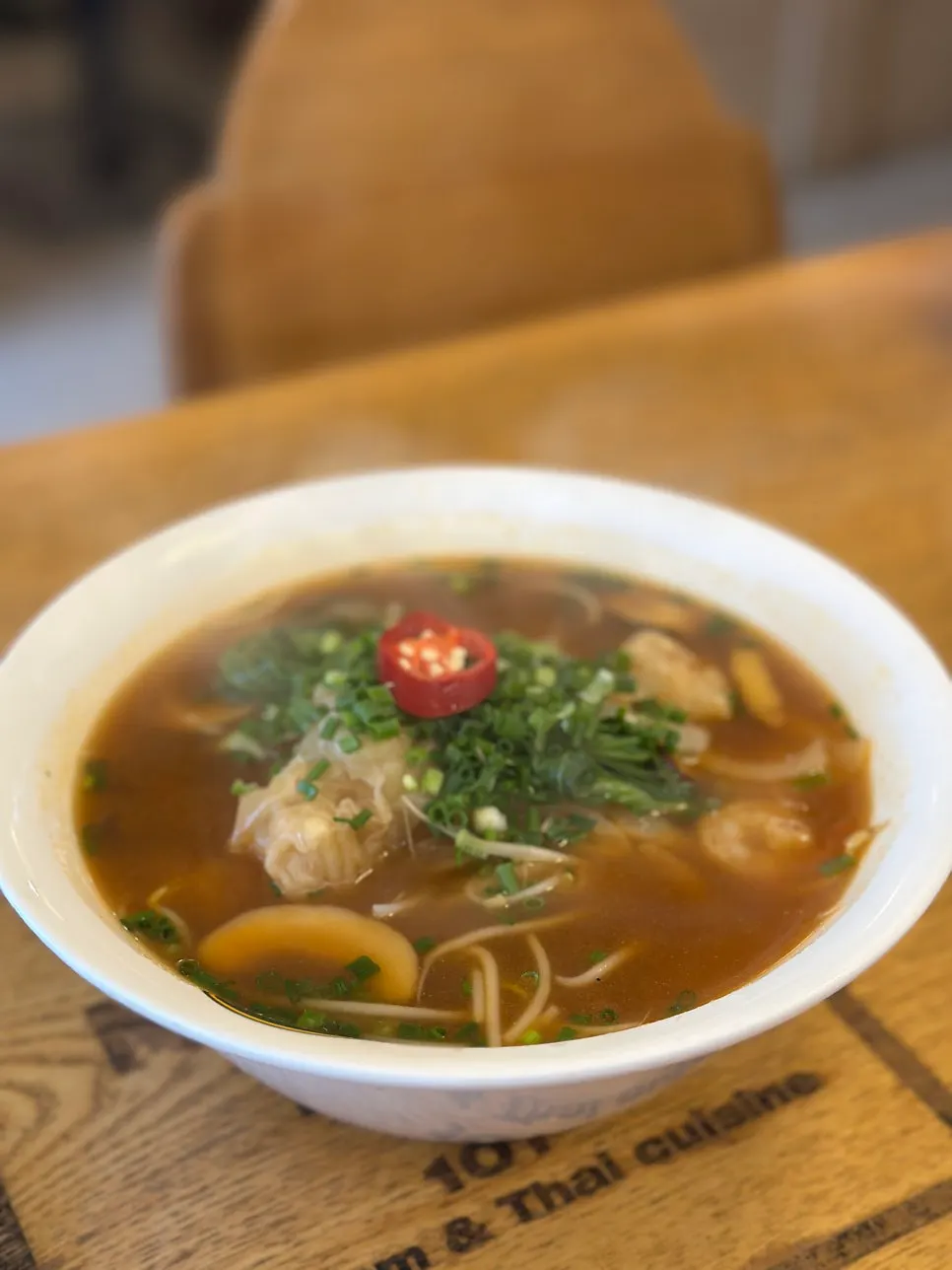 A bowl of Mekong Thai's shrimp wonton pho spicy