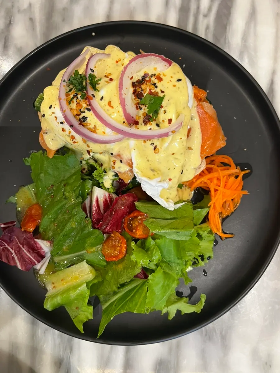 Salmon eggs Benedict plate