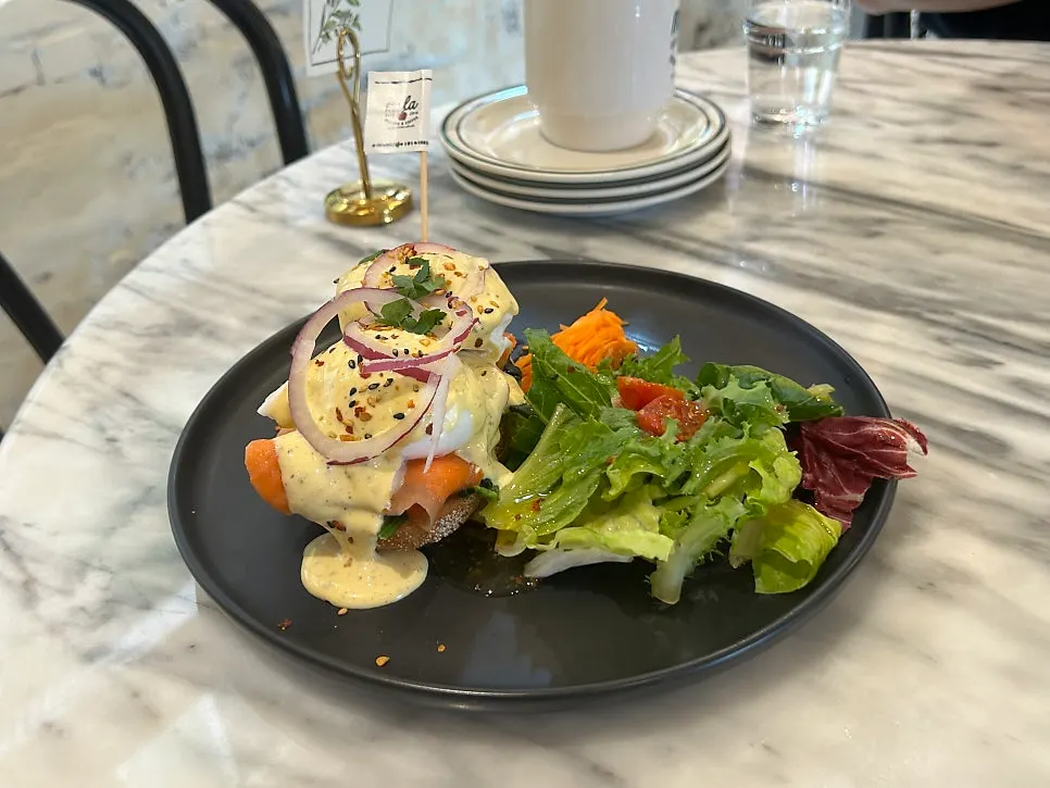 Full plate of salmon eggs Benedict