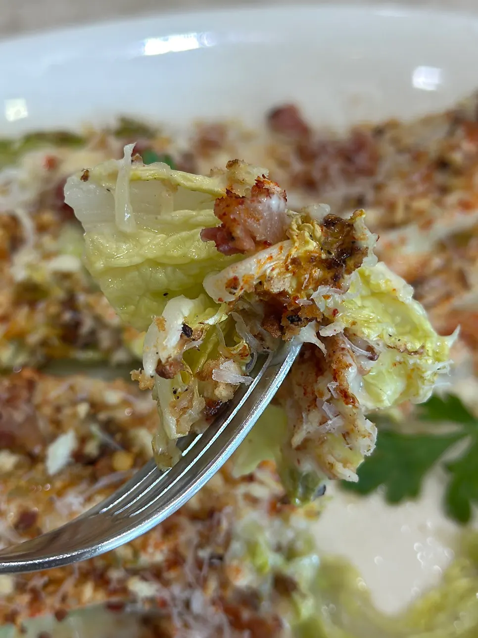 Picking up a piece of the cabbage salad