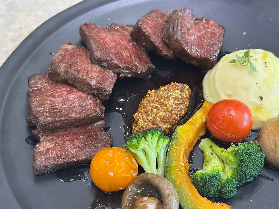 Plated Mela's chuck flap steak