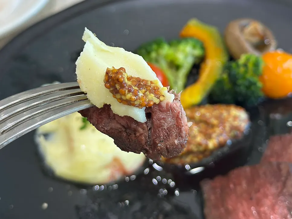 Cross-section of the steak cooked medium-well