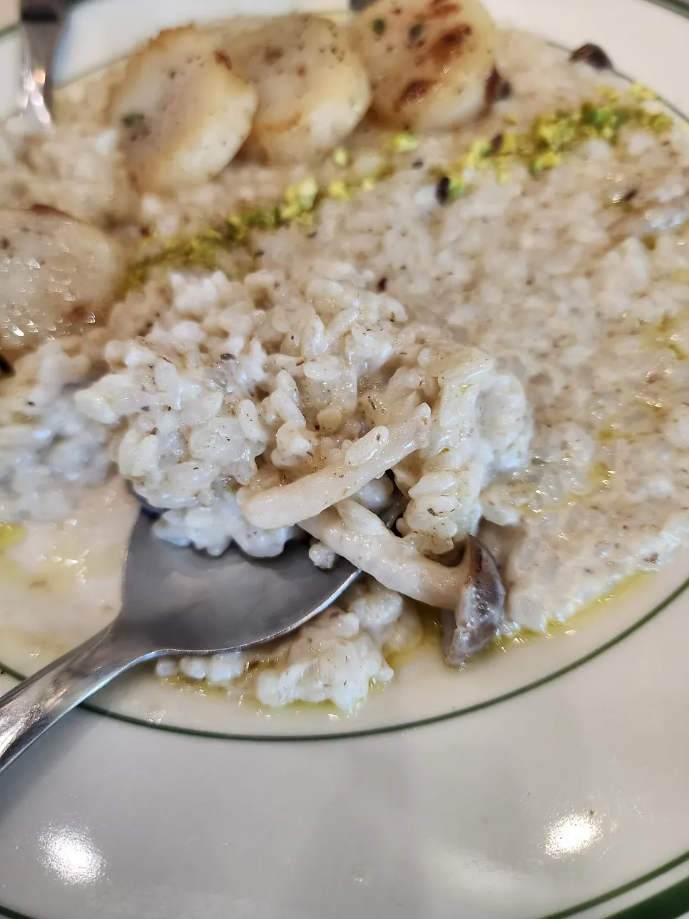 숟가락에 담은 리조또 밥알과 버섯, 관자 한 점