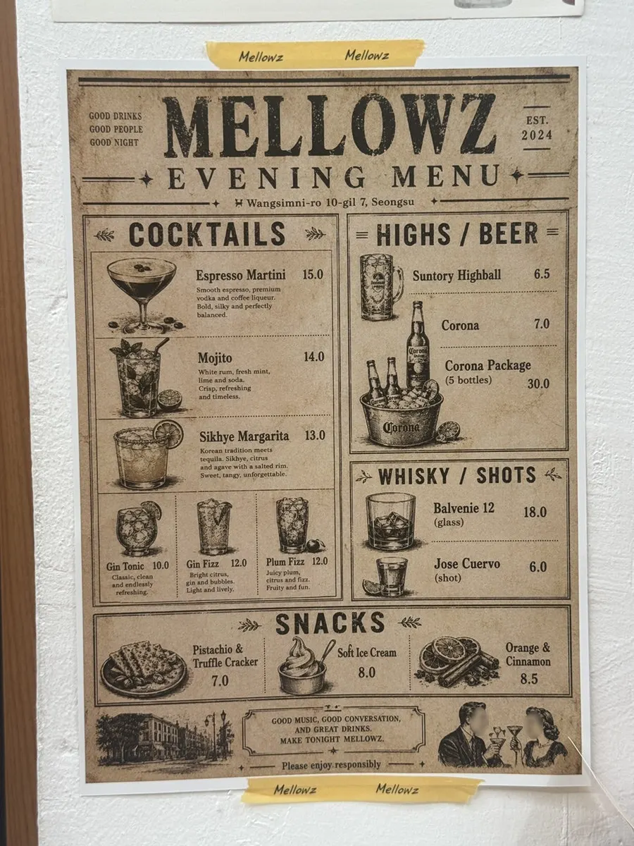 Mellows menu board listing 8 ice cream flavors