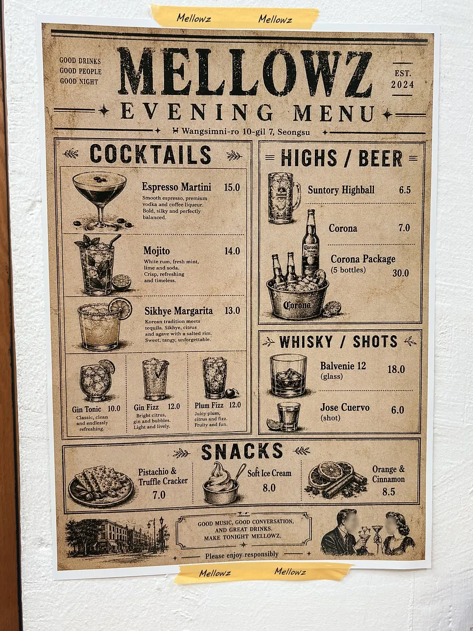 Evening menu featuring cocktails and beer