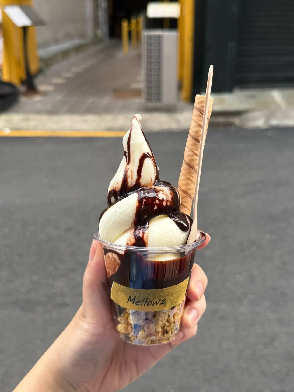 Soft serve topped with strawberry