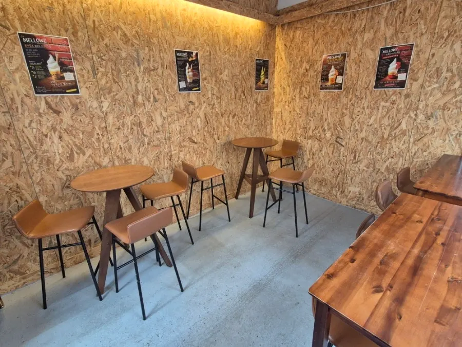 Interior seating and atmosphere at Mellows café
