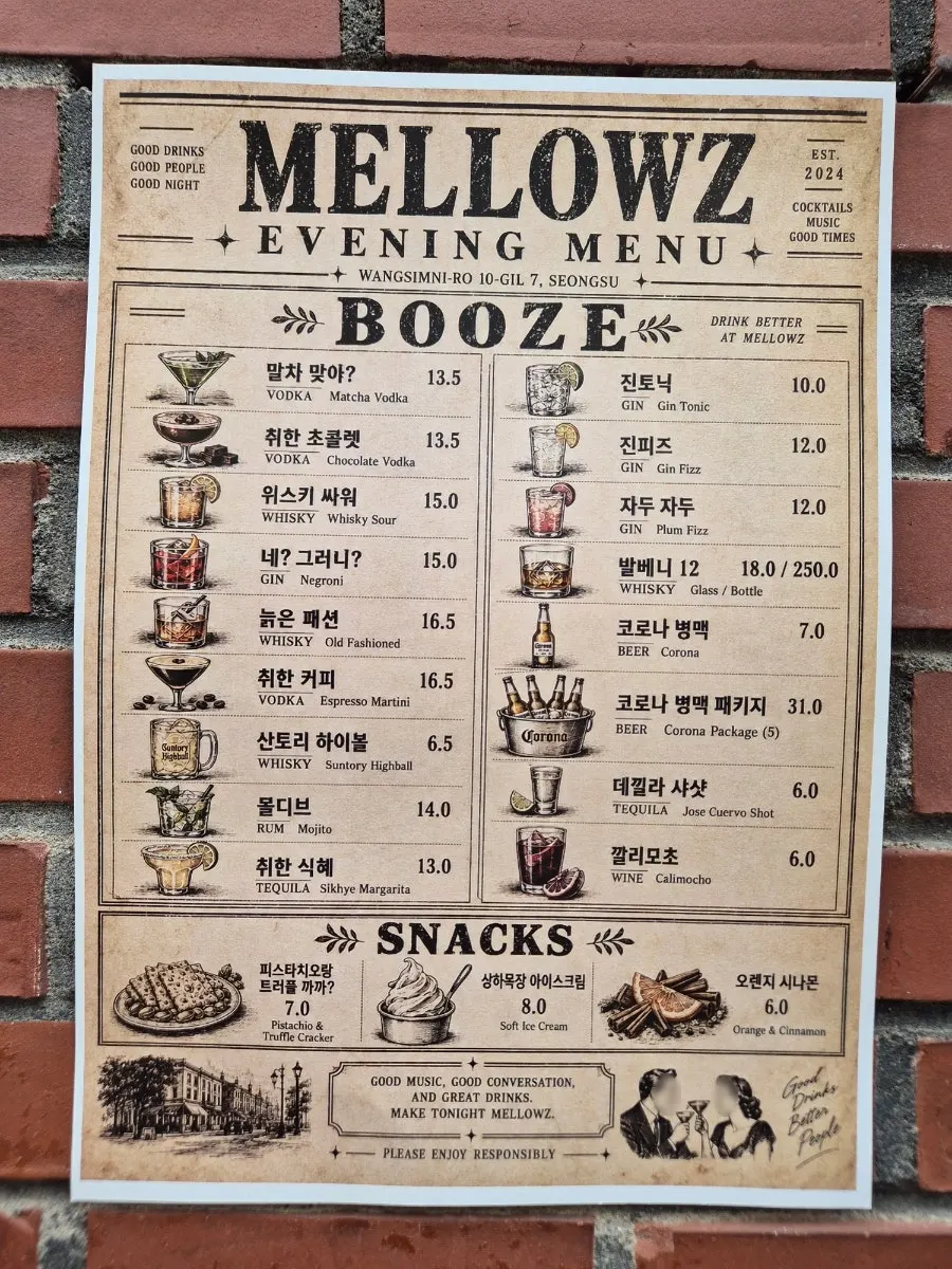 Mellows evening menu board with highballs and cocktails