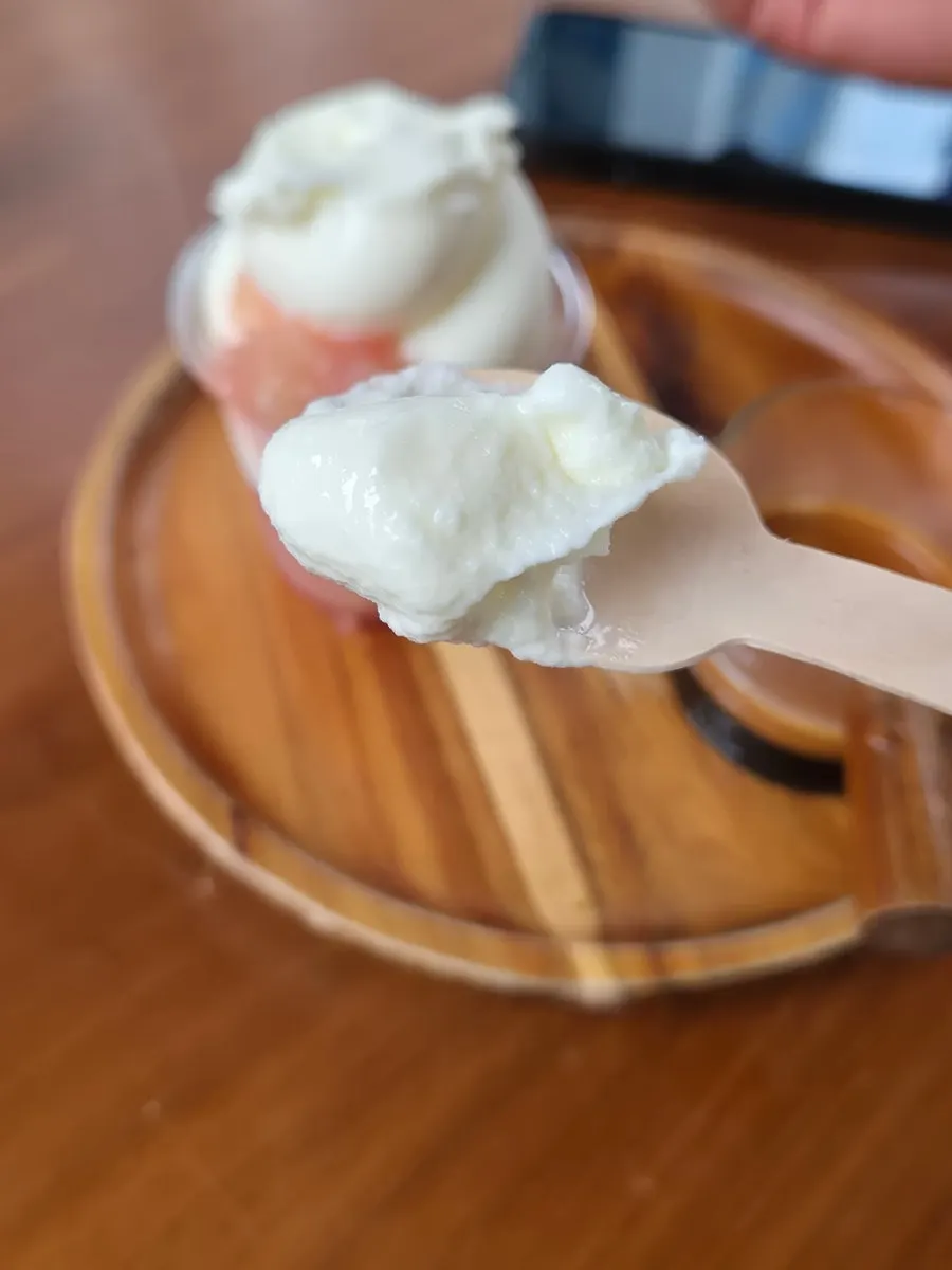 A spoonful of Sangha Farm peach soft serve