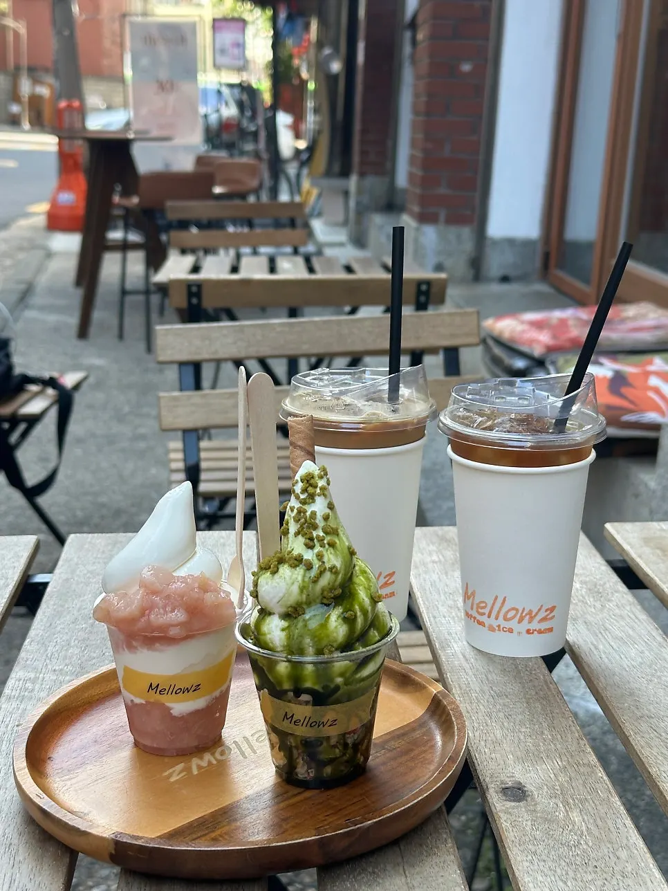 Ice cream and drinks on the outdoor table