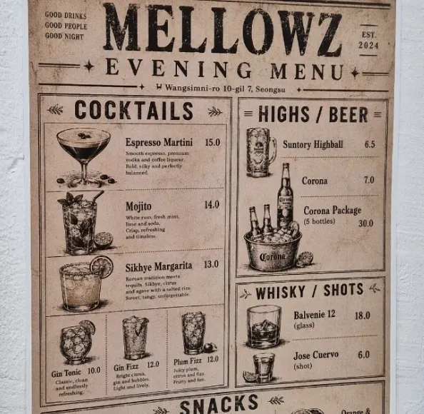 Mellows cocktail menu listing mojitos and highballs