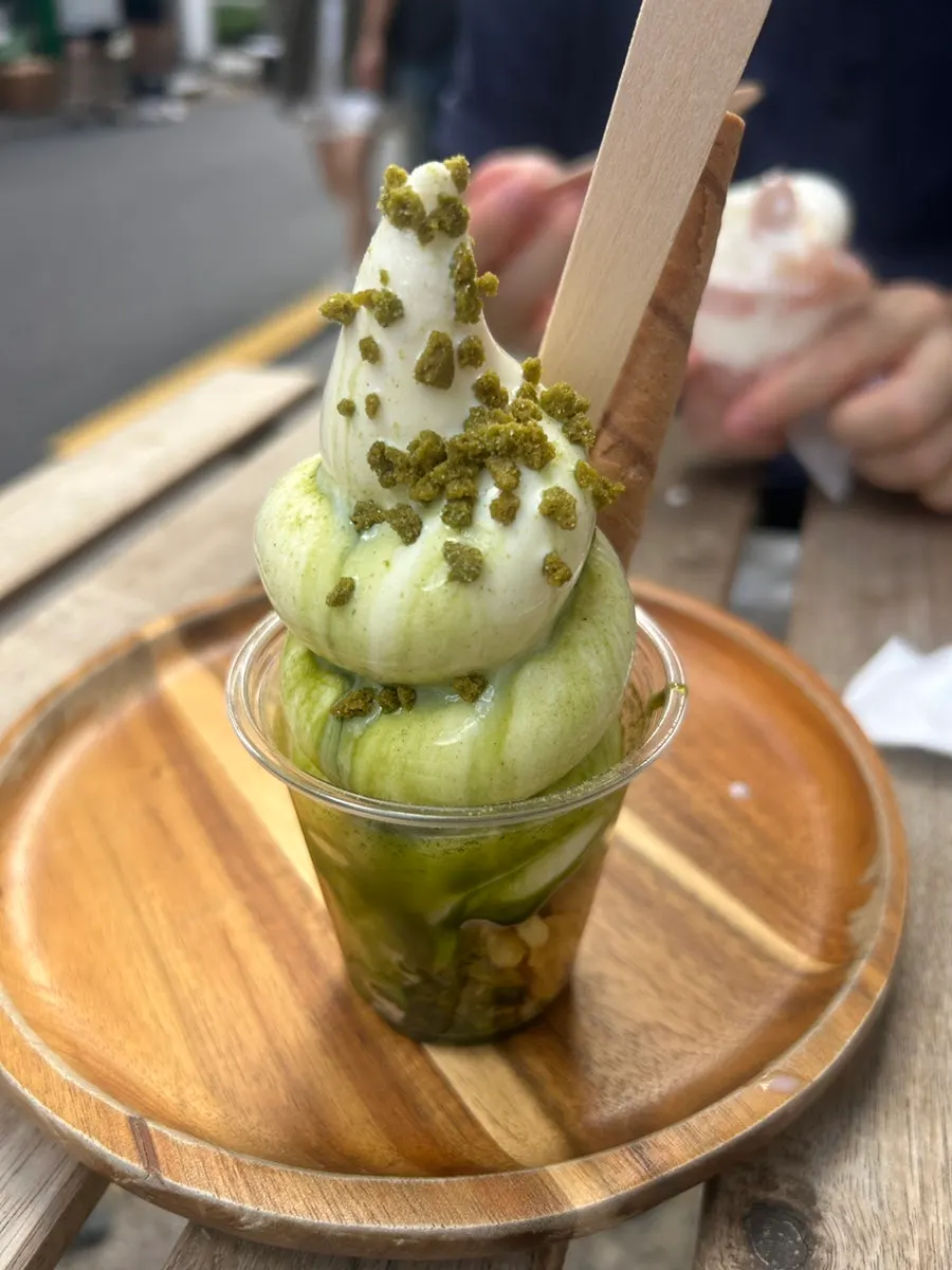 Mellows matcha ice cream topped with matcha syrup and powder