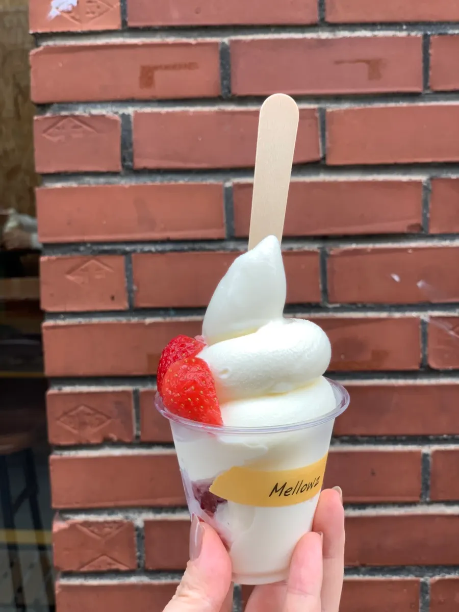 Strawberry ice cream set on the outdoor table