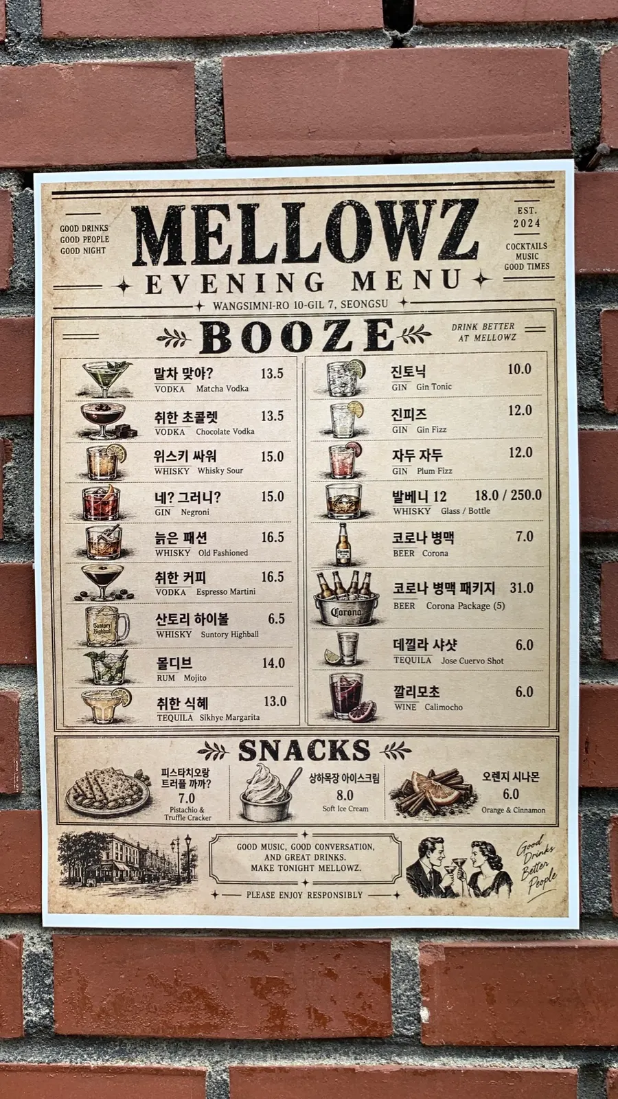 Mellows' evening cocktail menu board