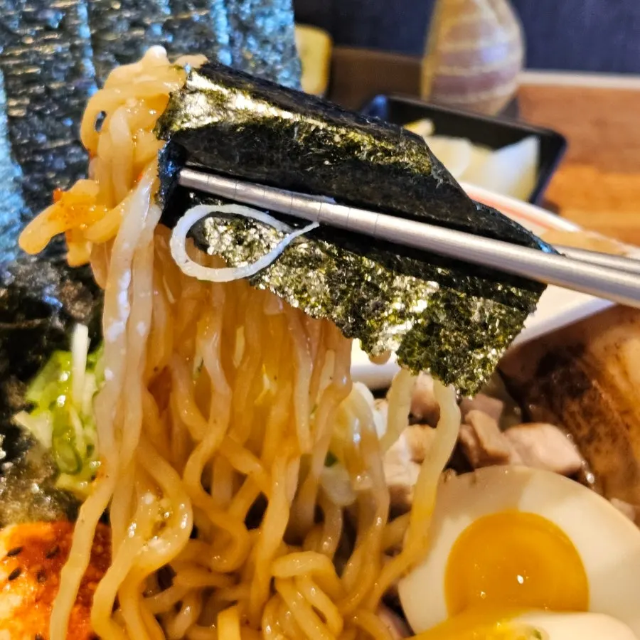 Glossy abura soba noodles after being well tossed