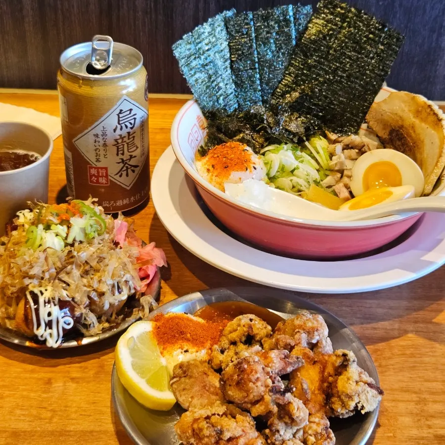 Table set with abura soba and side dishes