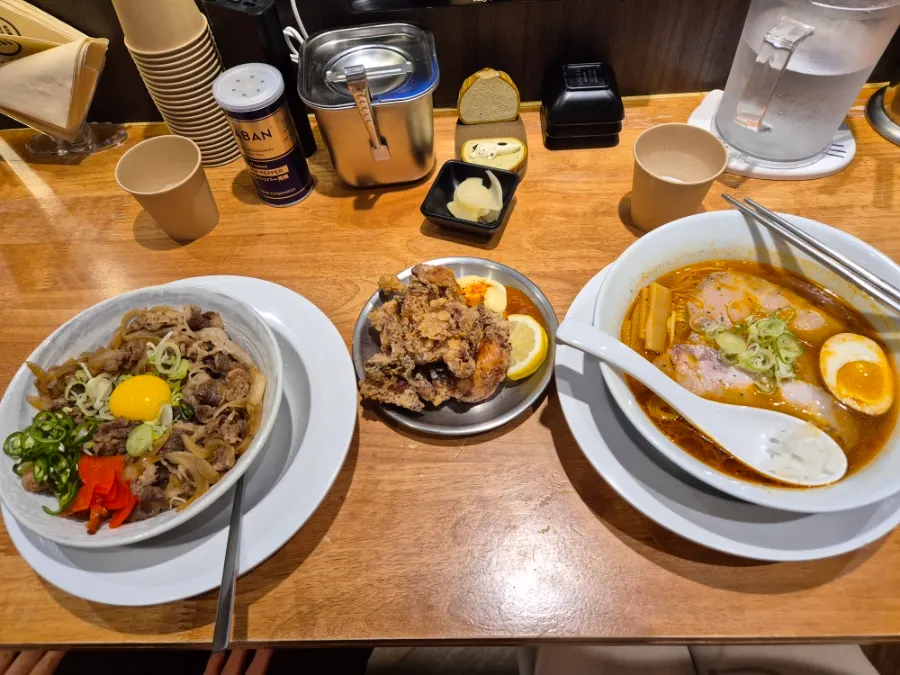 Gyudon and karaage served together