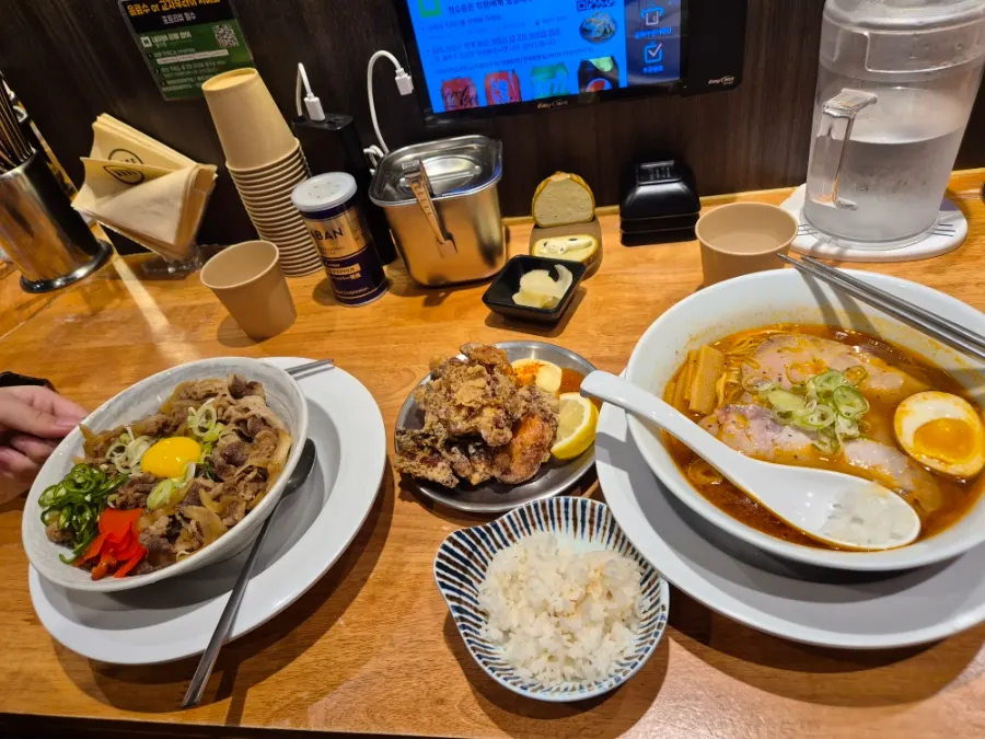 Gyudon, shoyu ramen, and handmade karaage spread