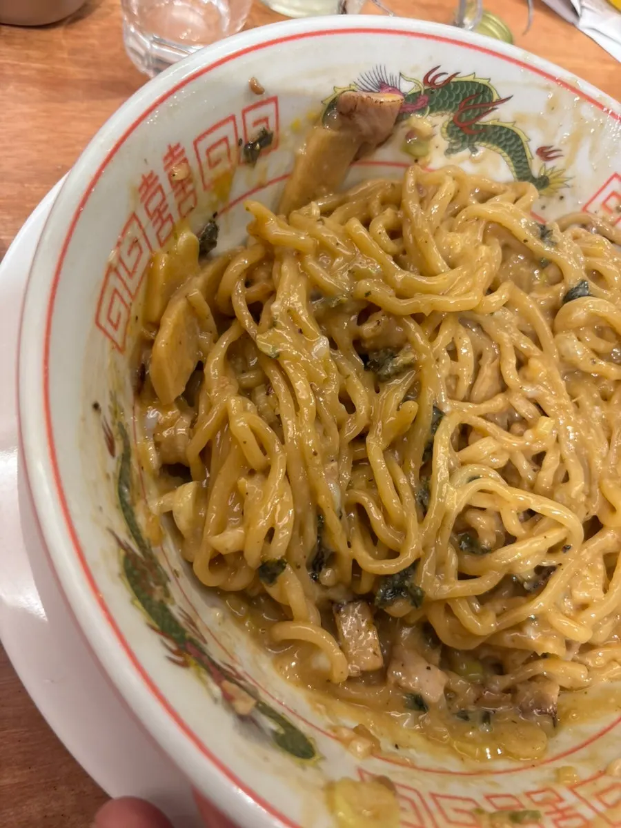 Close-up of abura soba noodles mixed with sauce