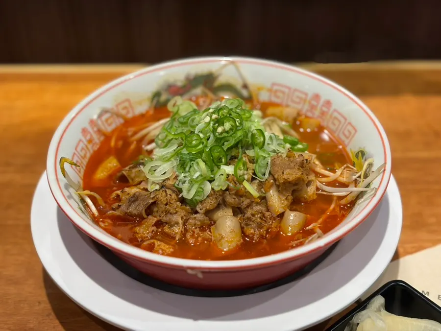 小ネギと唐辛子、ホルモンが乗ったモツラーメン一杯