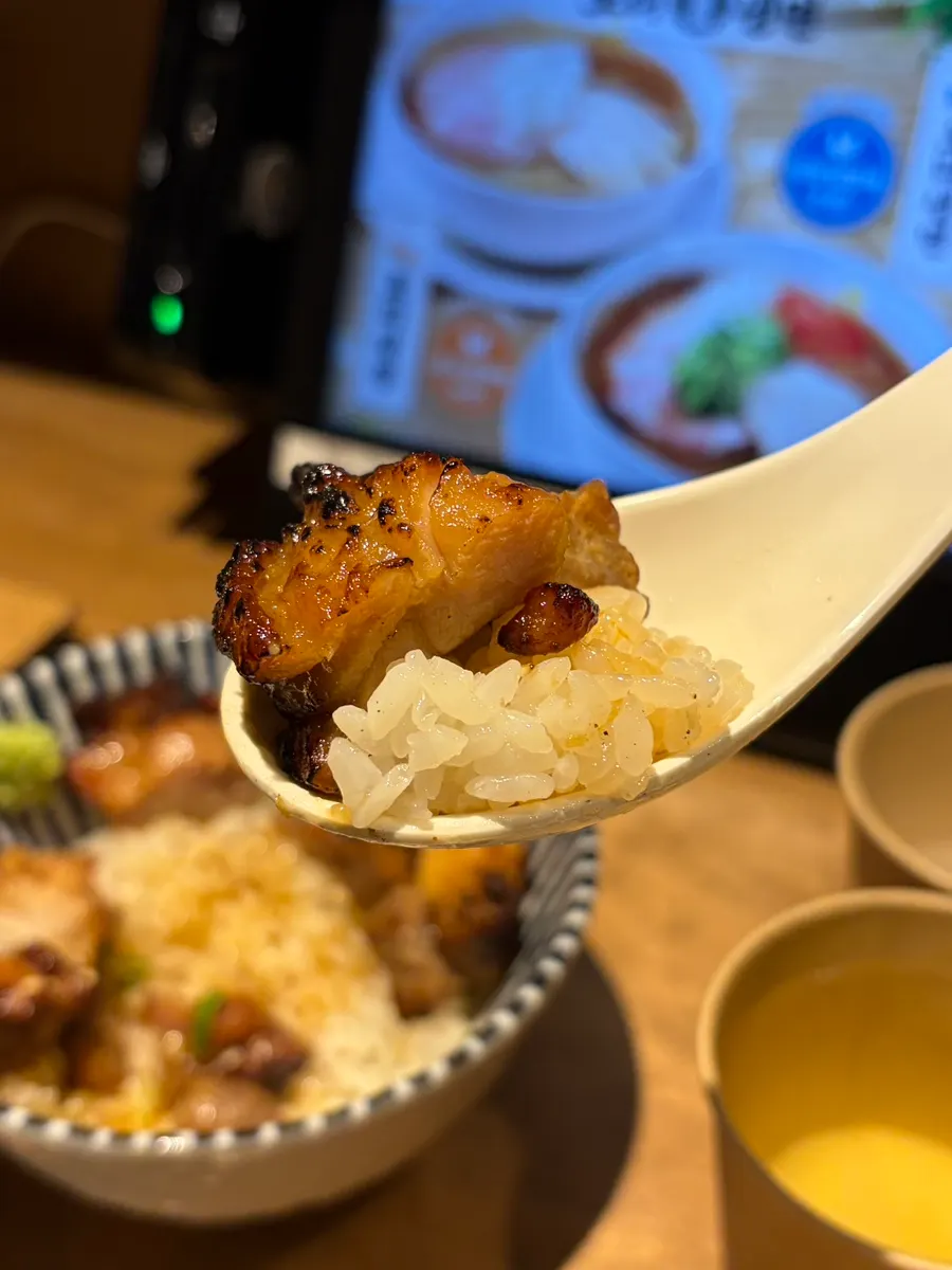 와사비와 파를 올린 야끼토리동 한 숟갈