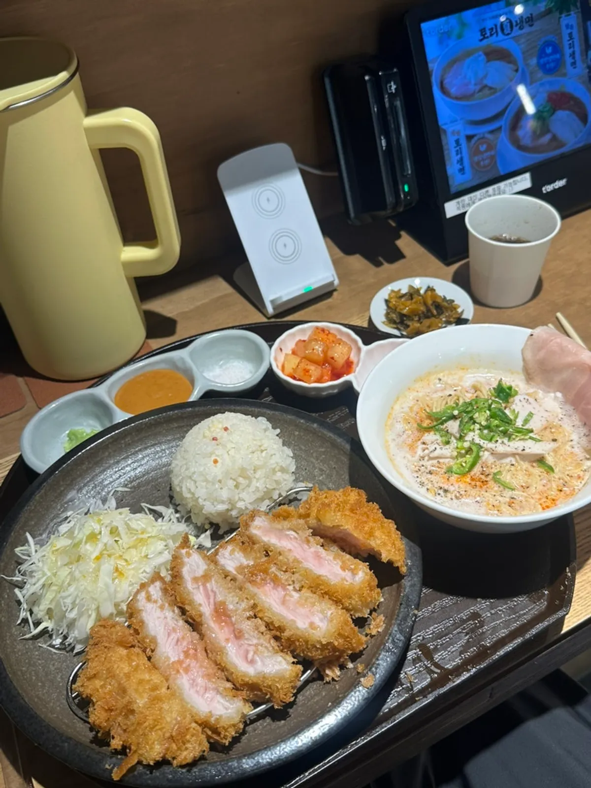 Full spread of ttangcho tori paitan ramen and pork loin cutlet at Menji Hanam Misa Branch