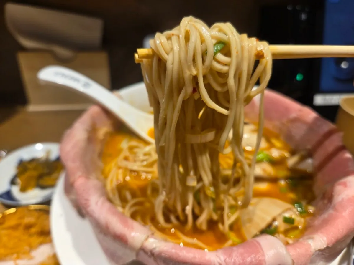 Close-up of Menji's kara tantanmen in red broth