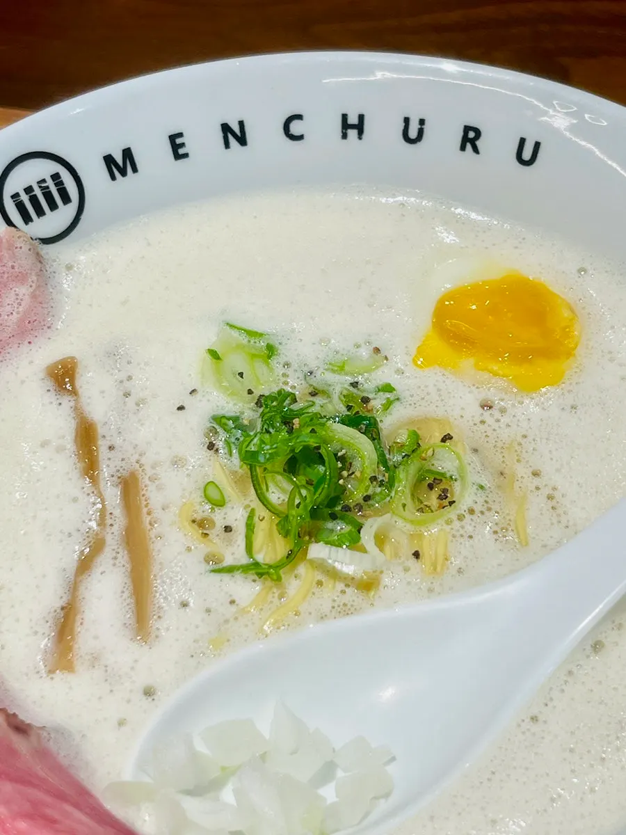 Close-up of tori paitan chicken bone broth ramen