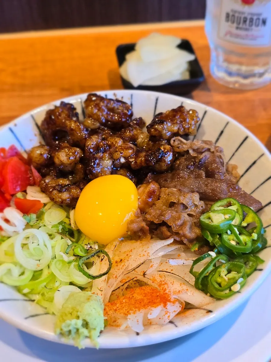Close-up of hormone-don topped with green onion and cheongyang chili