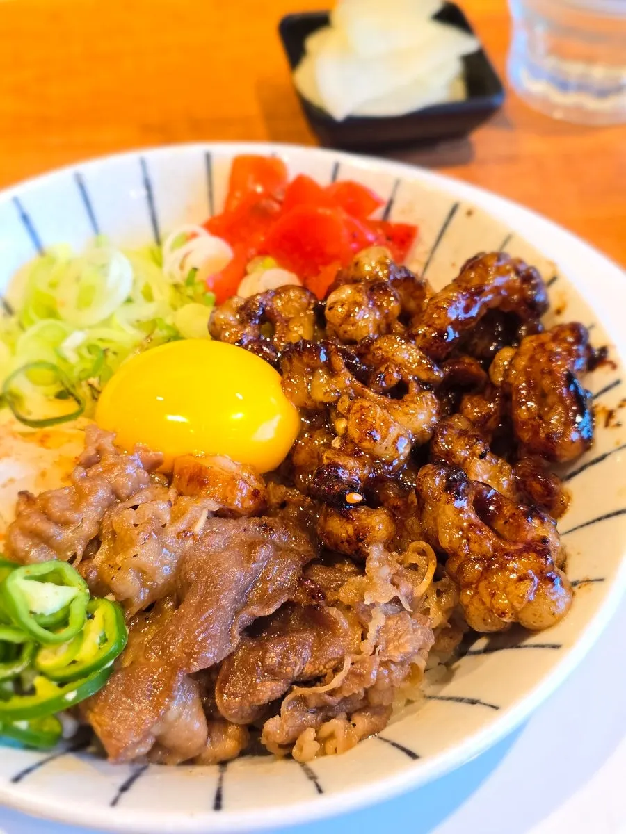 Meat in the beef intestine rice bowl coated in special sauce